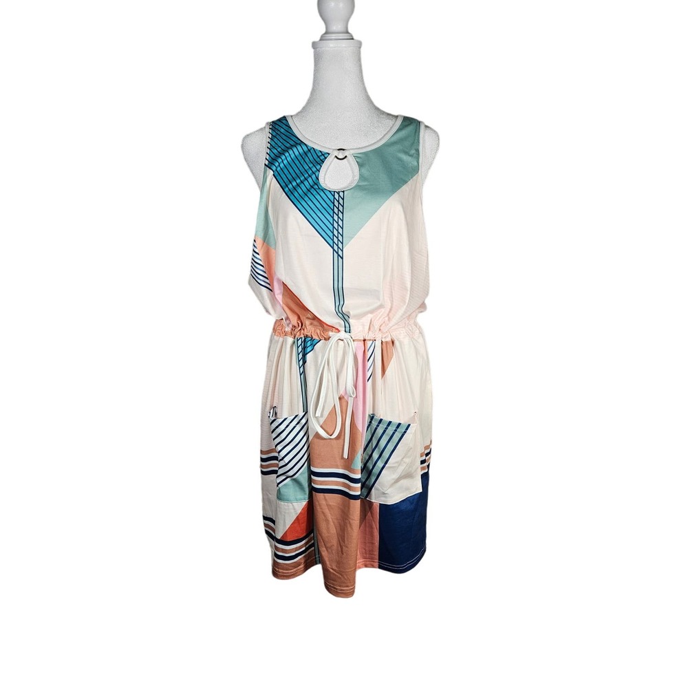 Saukole Women's One Piece‎ Dress Romper Tank Geometric Size L Blues Browns NWT